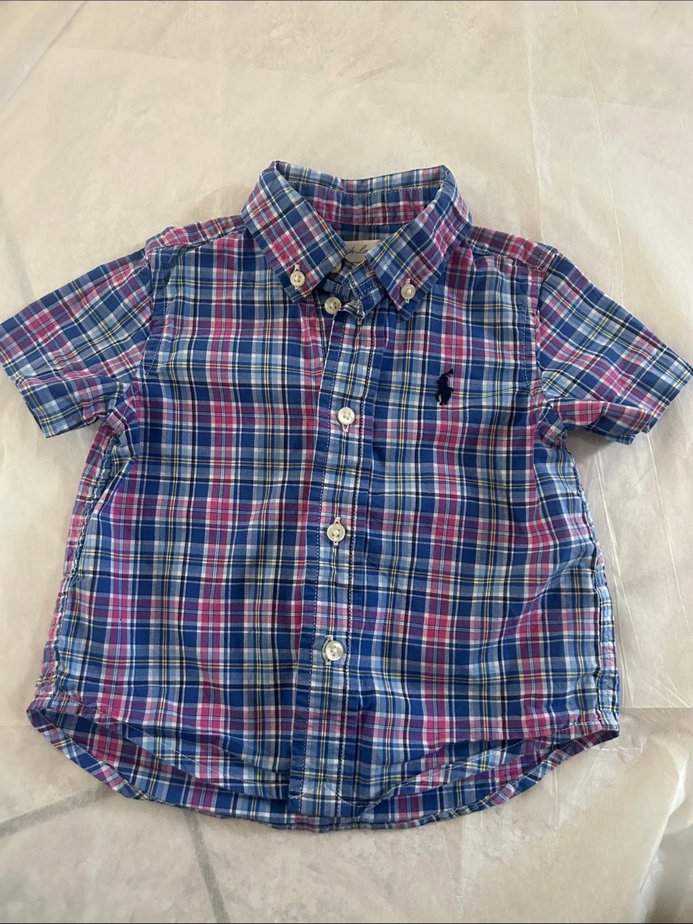 Ralph Lauren Boys Short-Sleeve Plaid Button-Down in Blue & Pink